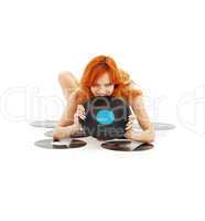 playful redhead with vinyl records