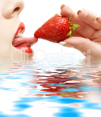 strawberry, lips and tongue in water