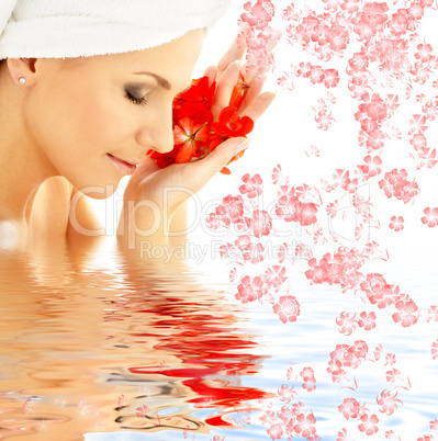 lady with red petals and flowers in water