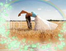 stretching woman with rainbow, water and flowers