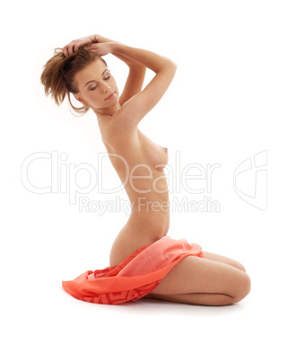 naked girl with long hair and red sarong