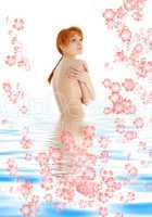healthy redhead in blue water with flowers #2