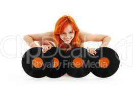 lovely redhead with vinyl records
