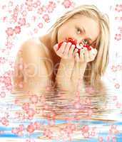 blond with red and white rose petals in water with flowers #2
