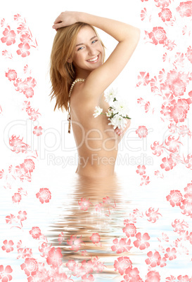 cheerful girl with flowers in water