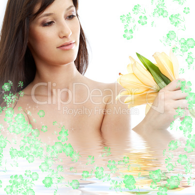 happy brunette with flowers in water #2