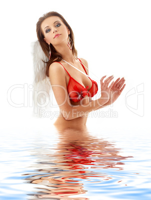 girl in red lingerie with angel wings in water #2