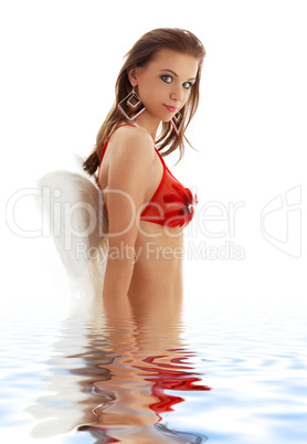 girl in red lingerie with angel wings in water