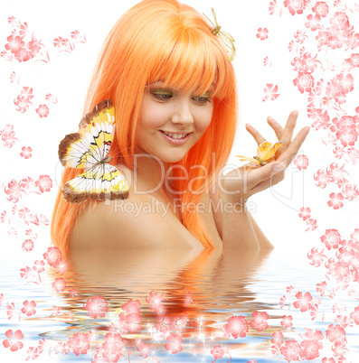 butterfly girl with flowers in water