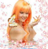 butterfly girl with flowers in water