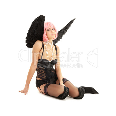 black lingerie angel with pink hair