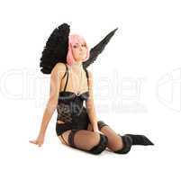 black lingerie angel with pink hair