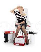 stressed businesswoman in chair over white