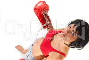 Female boxer with red handshoes