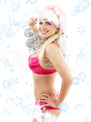 santa helper with mirror balls and snowflakes