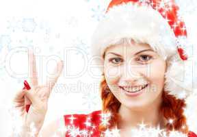 santa helper showing victory sign with snowflakes