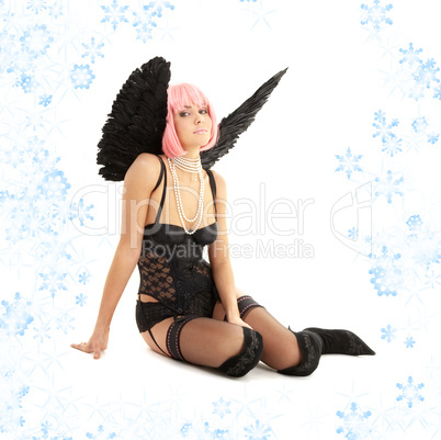 black lingerie angel with pink hair and snowflakes