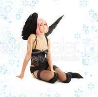 black lingerie angel with pink hair and snowflakes