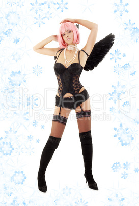 dancing black lingerie angel with pink hair and snowflakes