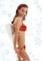 girl in red lingerie with angel wings and snowflakes
