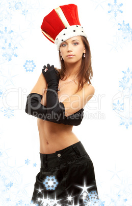 girl in black gloves and red crown with snowflakes