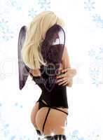 black lingerie angel with snowflakes