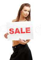 lovely girl holding sale word board