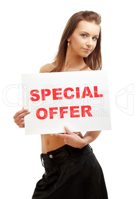 lovely girl holding special offer board