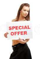 lovely girl holding special offer board