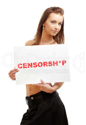 lovely girl holding censorship word board