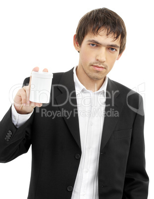 confident man showing blank medication container