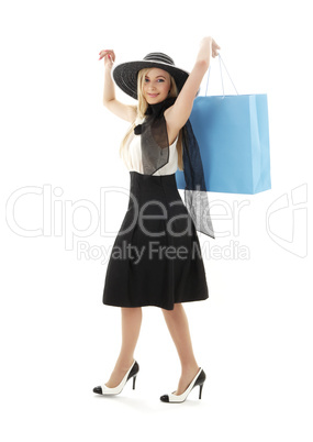 blond in retro hat with blue shopping bag #2