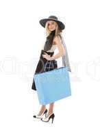 blond in retro hat with blue shopping bag #3