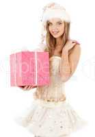 santa helper in corset and skirt with pink gift box