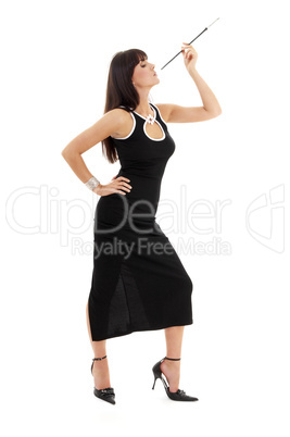 brunette in black dress with cigarette holder