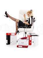tired businesswoman in chair over white
