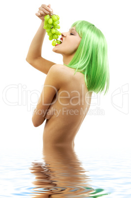 green hair girl with a bunch of grapes in water