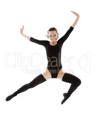 jumping girl in black leotard