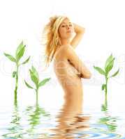tanned blonde in water with green plants #2