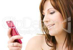 woman with pink phone