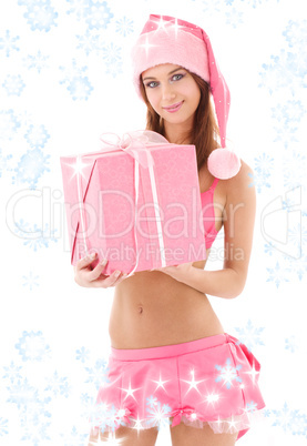 santa helper girl in pink with gift box