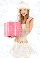 santa helper in corset and skirt with pink gift box