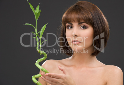brunette with bamboo over grey