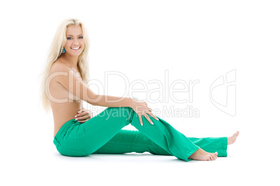 topless blonde in green jeans