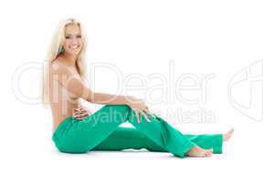 topless blonde in green jeans