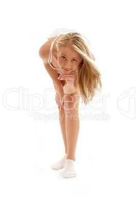 happy blond in white dress and socks