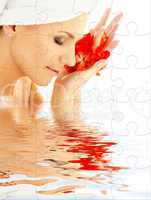 lady with red petals in water puzzle