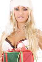 santa helper girl in white lingerie with gift box