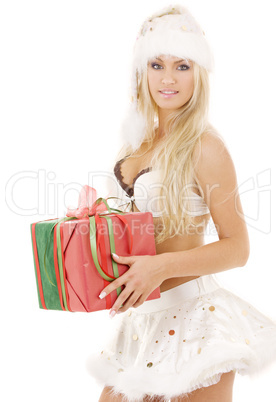 santa helper girl in white lingerie with gift box