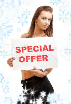 lovely girl holding special offer board
